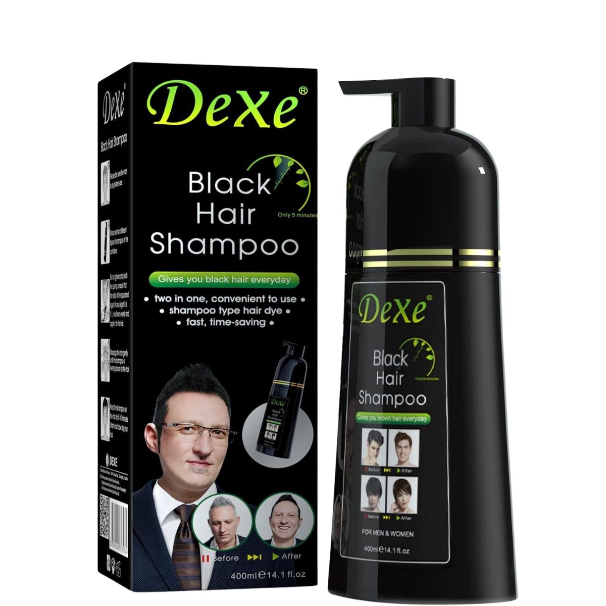 DEXE Shampooing Colorant Noir 400 ml – Couverture des Cheveux Blancs et Gris